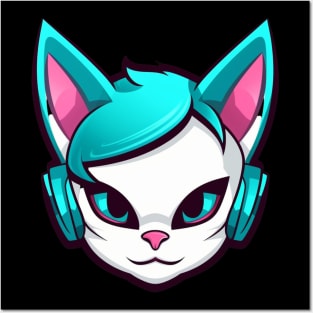 Cartoon Cat with Headphones Posters and Art